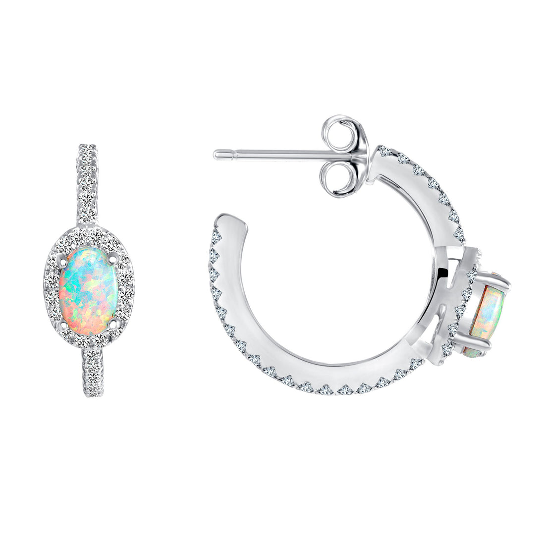 925 Sterling Silver Opal with CZ Halo &amp; Accents C-Hoop Earrings