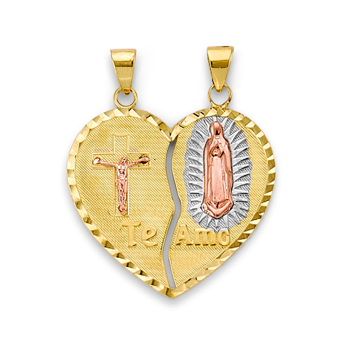 Tri Tone Gold Virgin Mary and Jesus Te Amo Heart Shape Break Apart Pendant