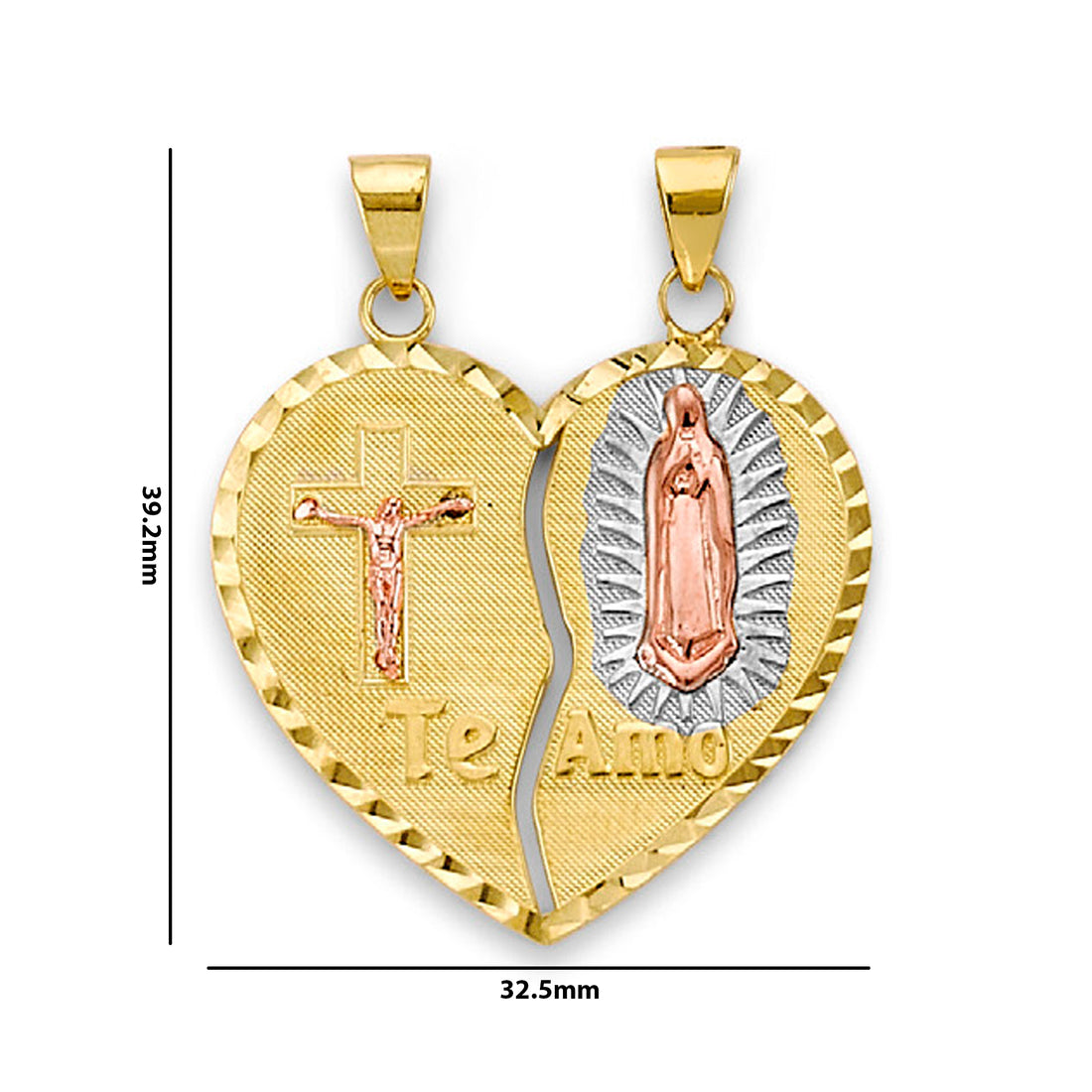 Tri Tone Gold Virgin Mary and Jesus Te Amo Heart Shape Break Apart Pendant with Measurement