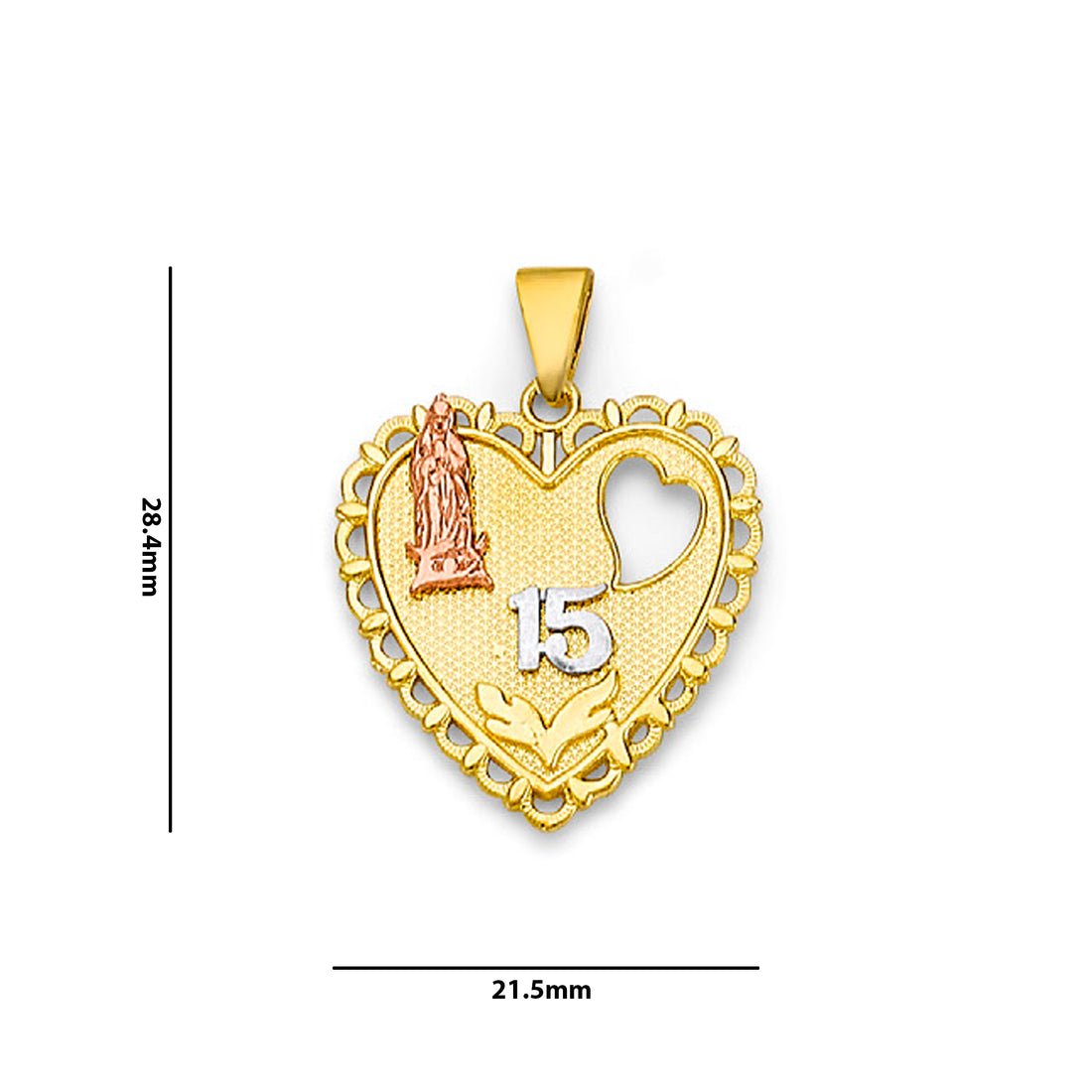 Two Tone Gold Virgin Mary Quinceañera Birthday Heart Shape Pendant with Measurement
