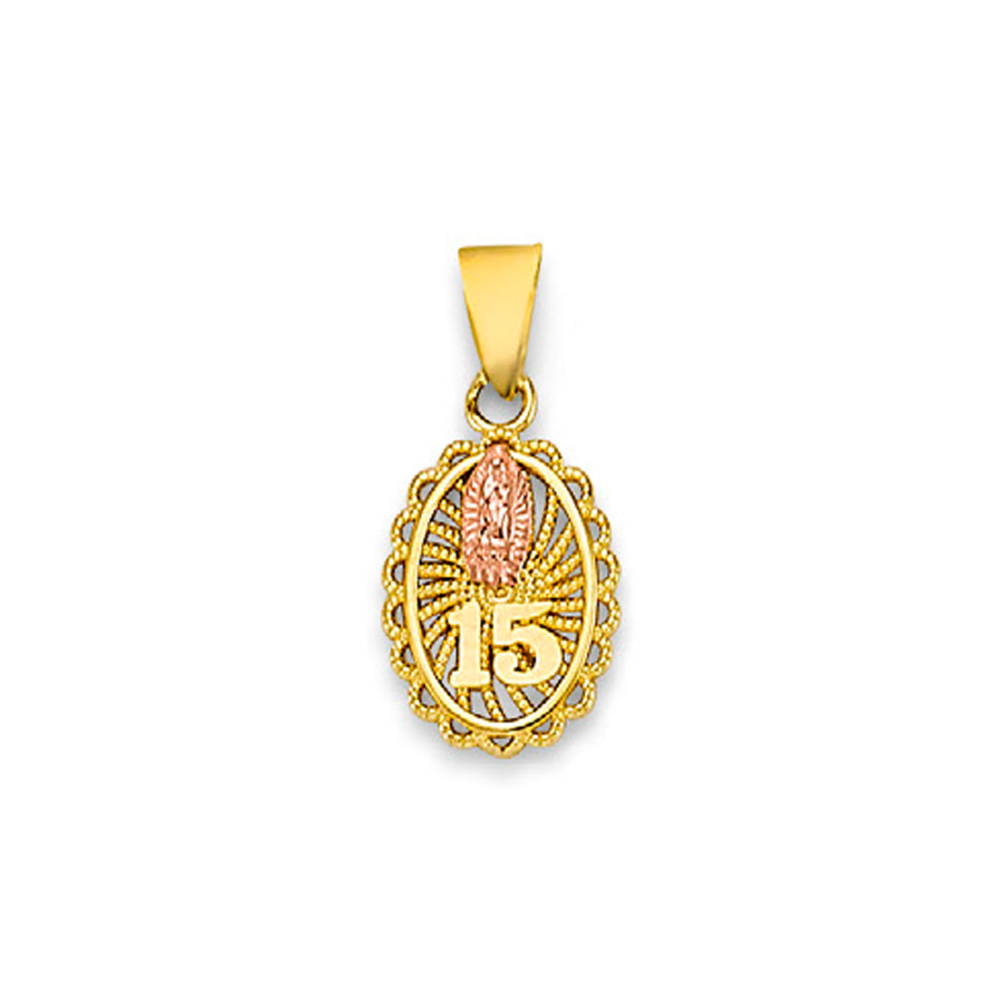 Two Tone Gold Mother Mary 15 Quinceañera Pendant 