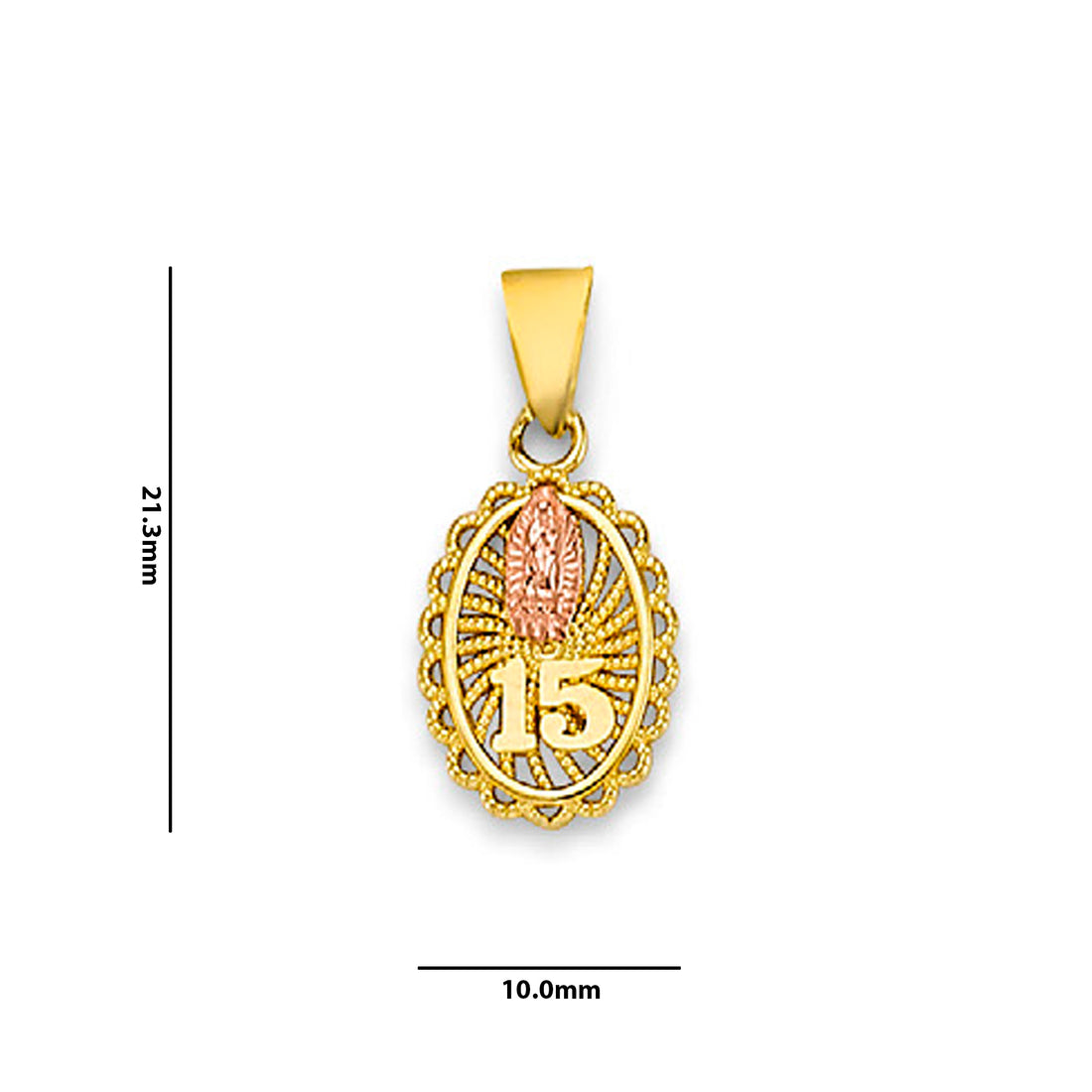 Two Tone Gold Mother Mary 15 Quinceañera Pendant  with Measurement