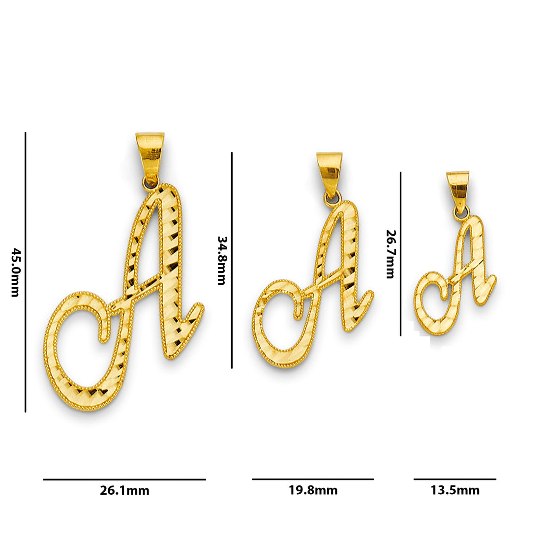 Yellow Gold Cursive Initial Letter A Pendant with Measurement