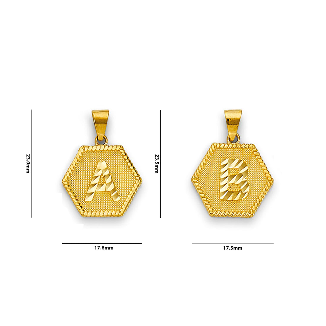 Yellow Gold Initial Letter Hexagonal Tag Pendant with Measurement