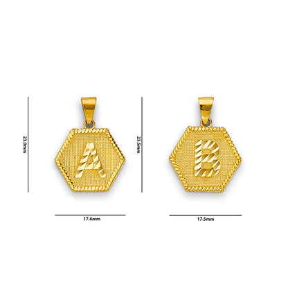 Yellow Gold Initial Letter Hexagonal Tag Pendant with Measurement