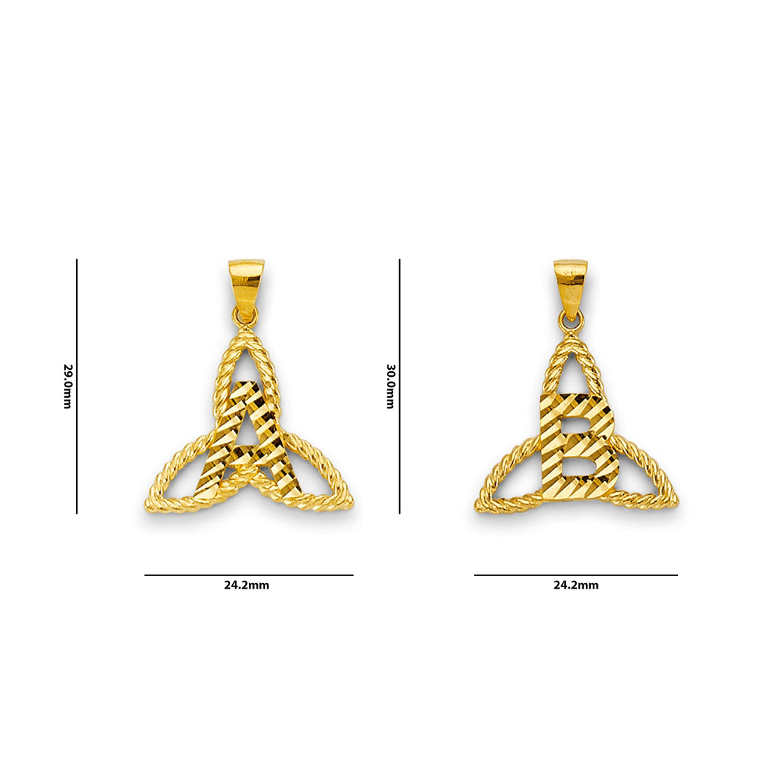 Yellow Gold Initial Letter Trinity Knot Pendant with Measurement