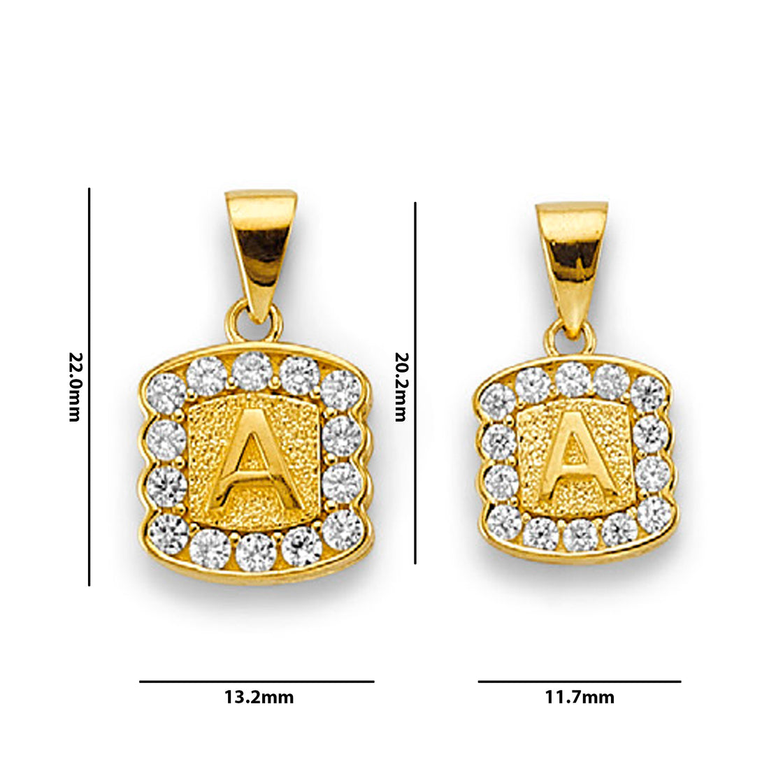 Yellow Gold Round CZ Studded Initial Letter A Pendant with Measurement