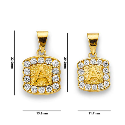 Yellow Gold Round CZ Studded Initial Letter A Pendant with Measurement