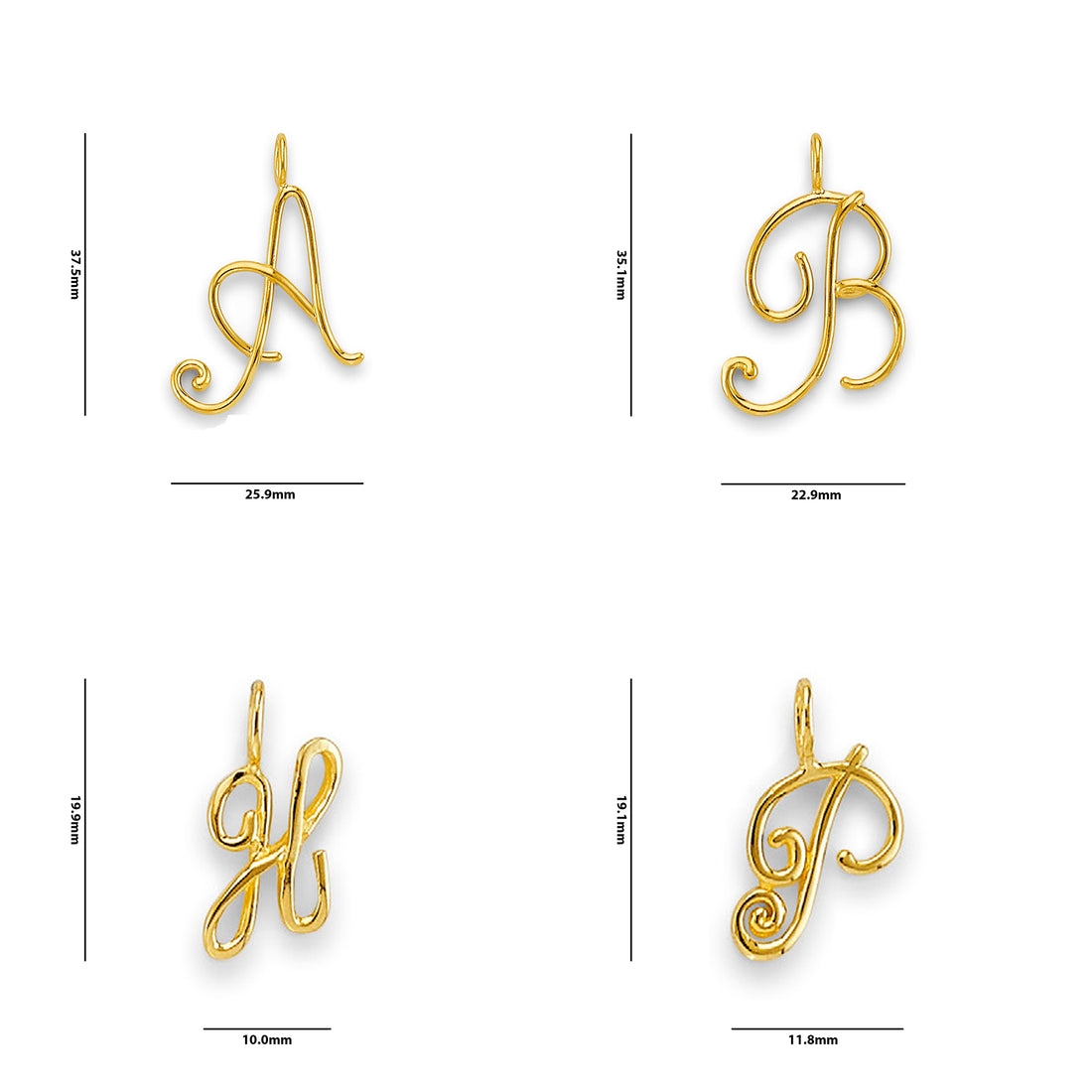 Yellow Gold Calligraphed Initial Letter Pendant with Measurement