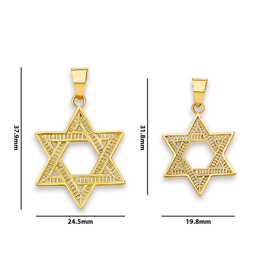 Yellow Gold Open Fancy Star of David Religious Pendant with Measurement