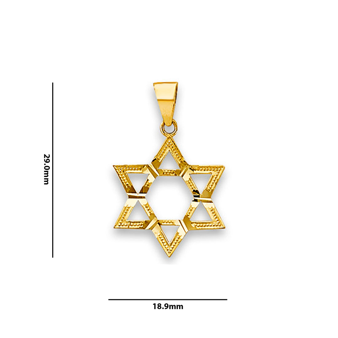 Yellow Gold Sleek Diamond-cut Star of David Pendant  with Measurement