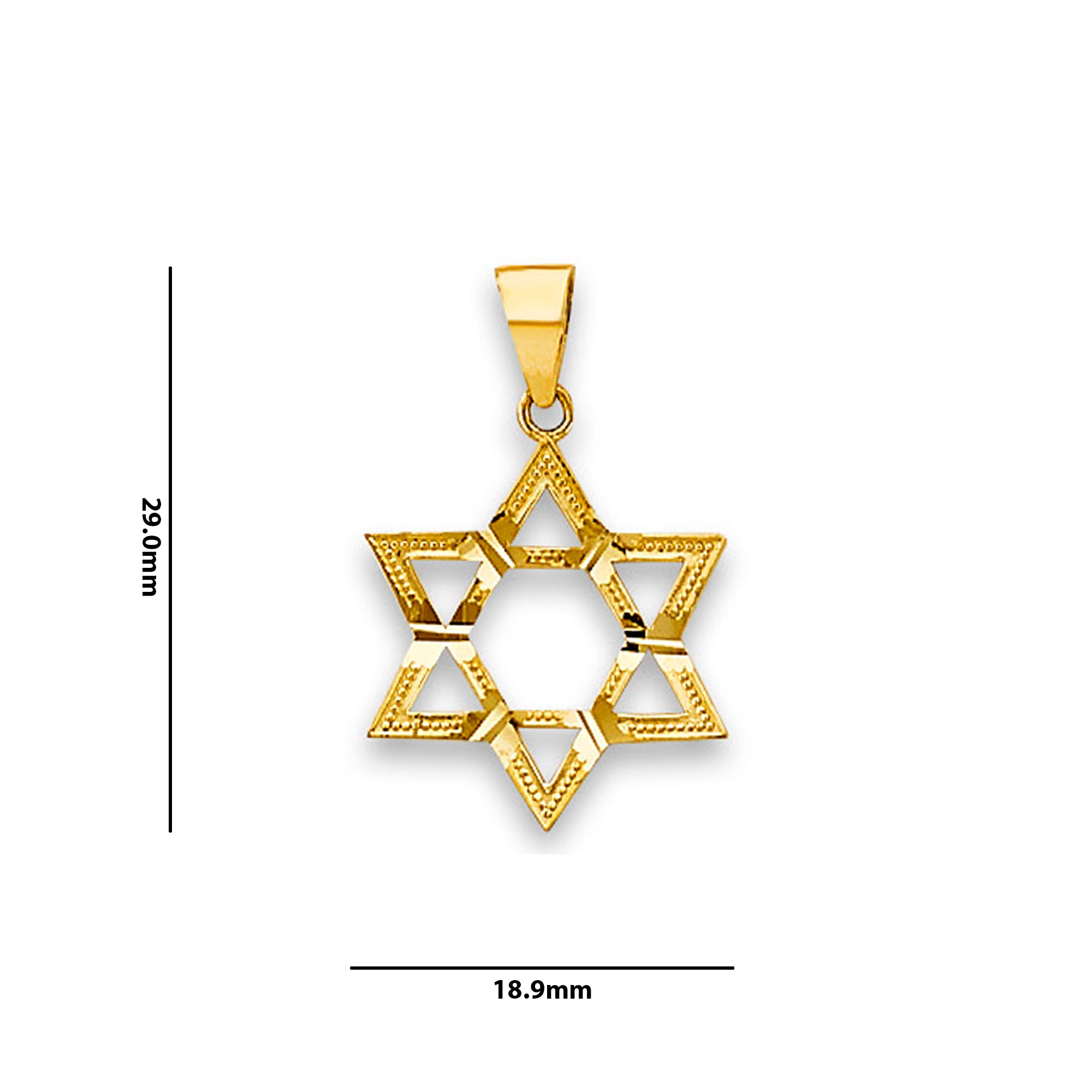 Yellow Gold Sleek Diamond-cut Star of David Pendant  with Measurement