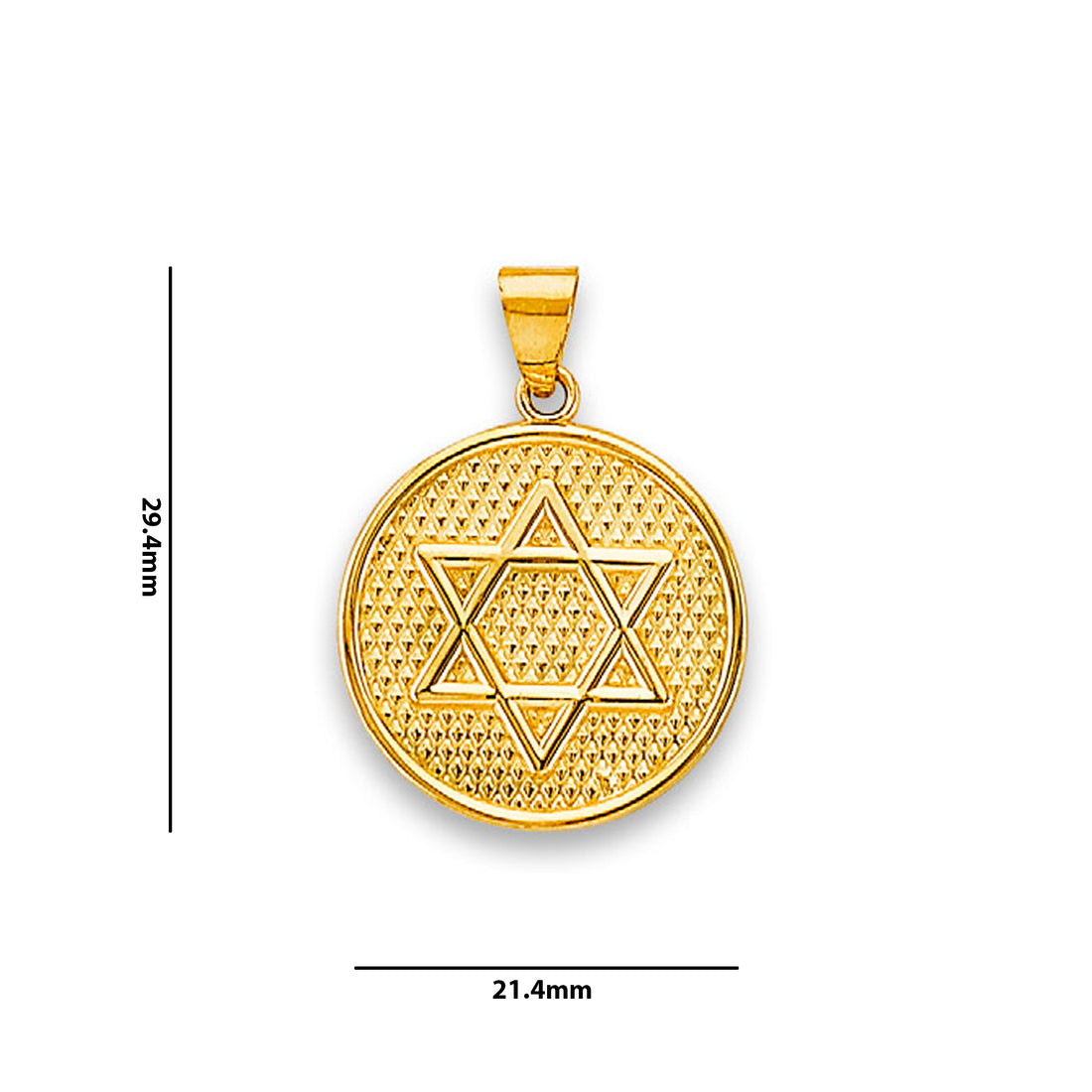 Yellow Gold Star of David Textured Disc Pendant with Measurement