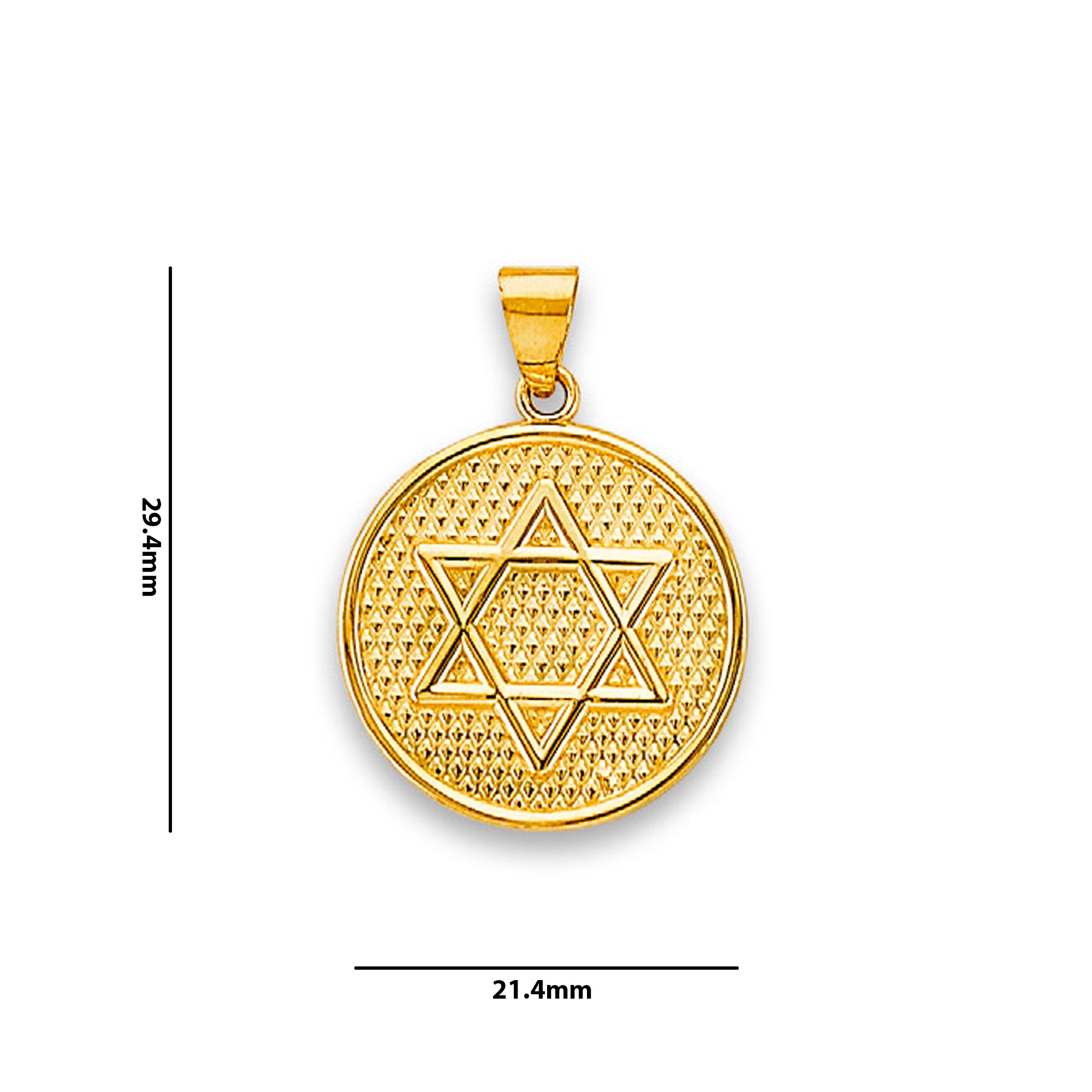 Yellow Gold Star of David Textured Disc Pendant with Measurement
