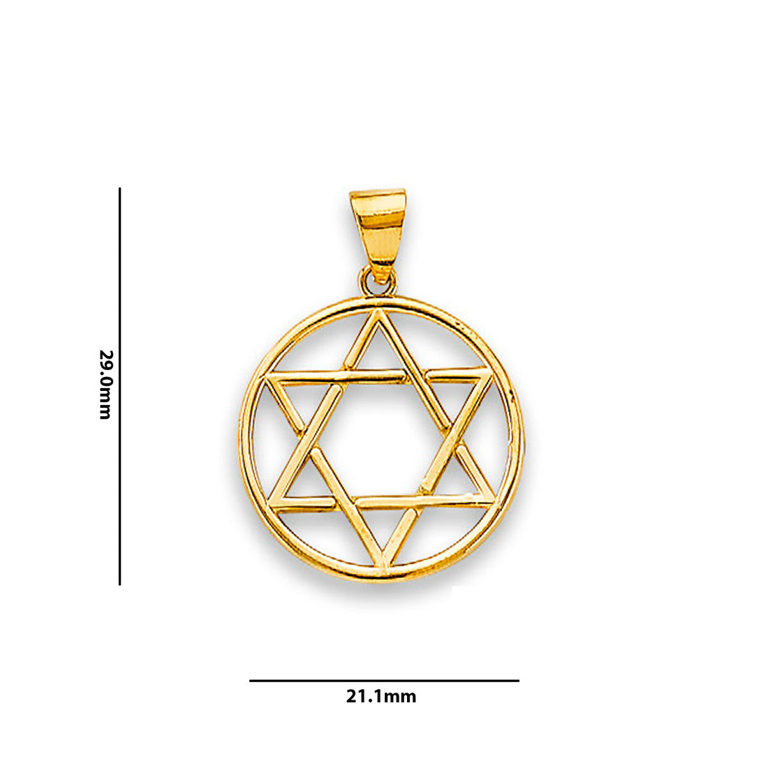 Yellow Gold Star of David Circular Charm Pendant with Measurement