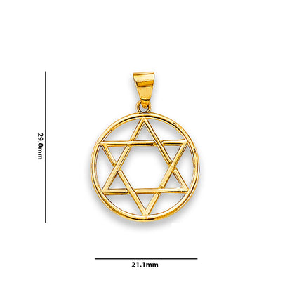 Yellow Gold Star of David Circular Charm Pendant with Measurement