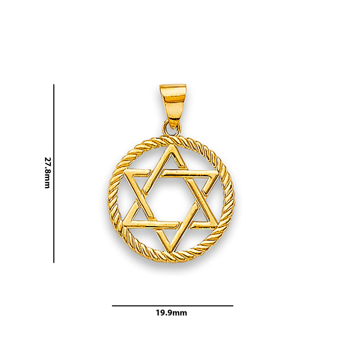 Yellow Gold Star of David Circular Rope Charm Pendant with Measurement