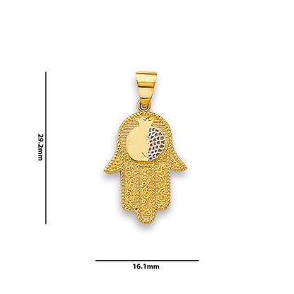 Two Tone Gold Hand of Hamsa Religious Pendant with Measurement