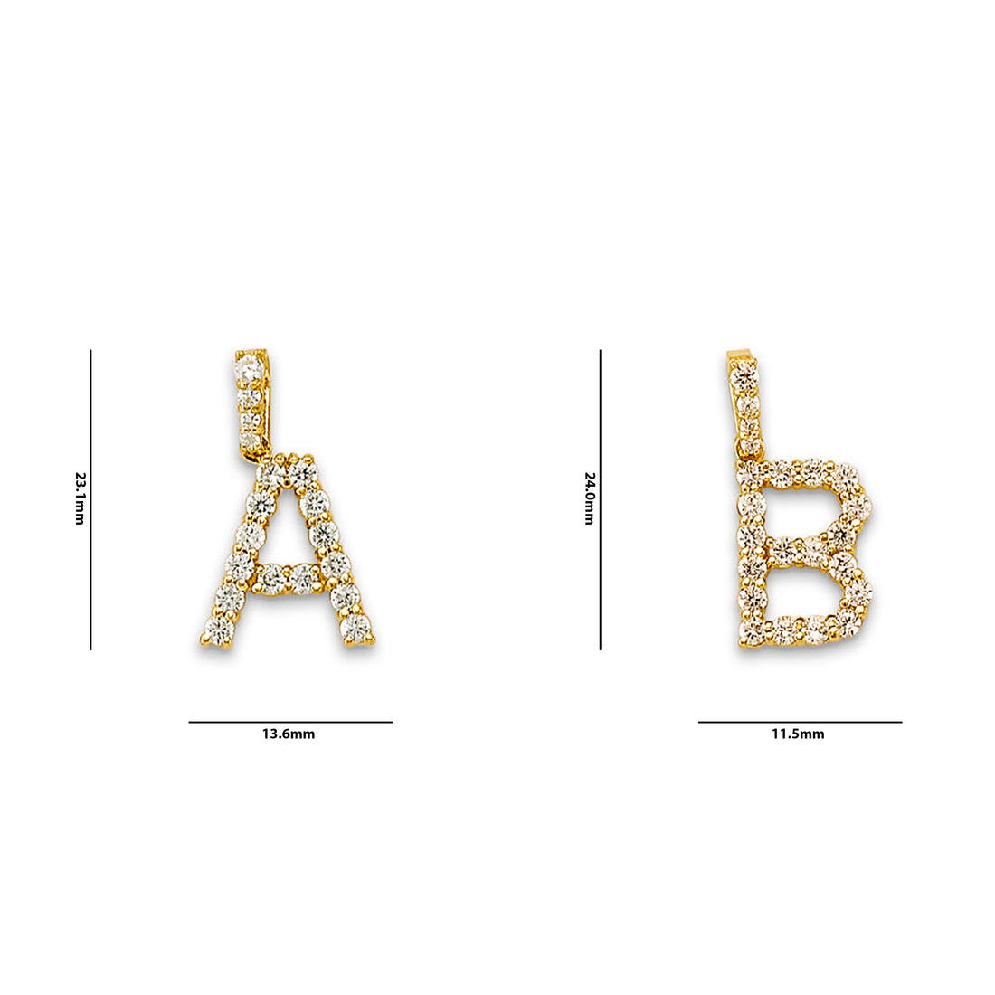 Yellow Gold Round CZ Letter Initial Pendant  with Measurement