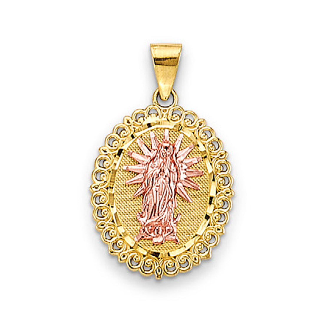 Two Tone Gold Fancy Border Oval Lady of Guadalupe Pendant