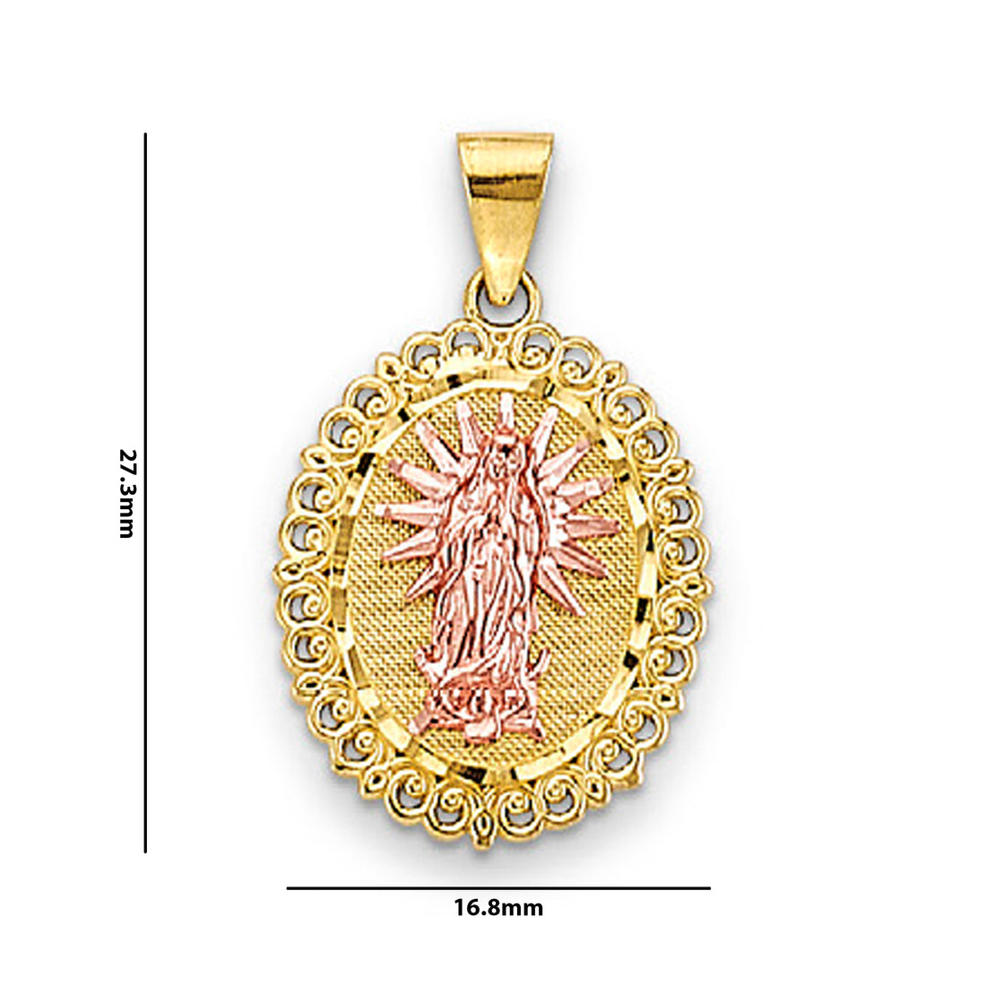 Two Tone Gold Fancy Border Oval Lady of Guadalupe Pendant with Measurement