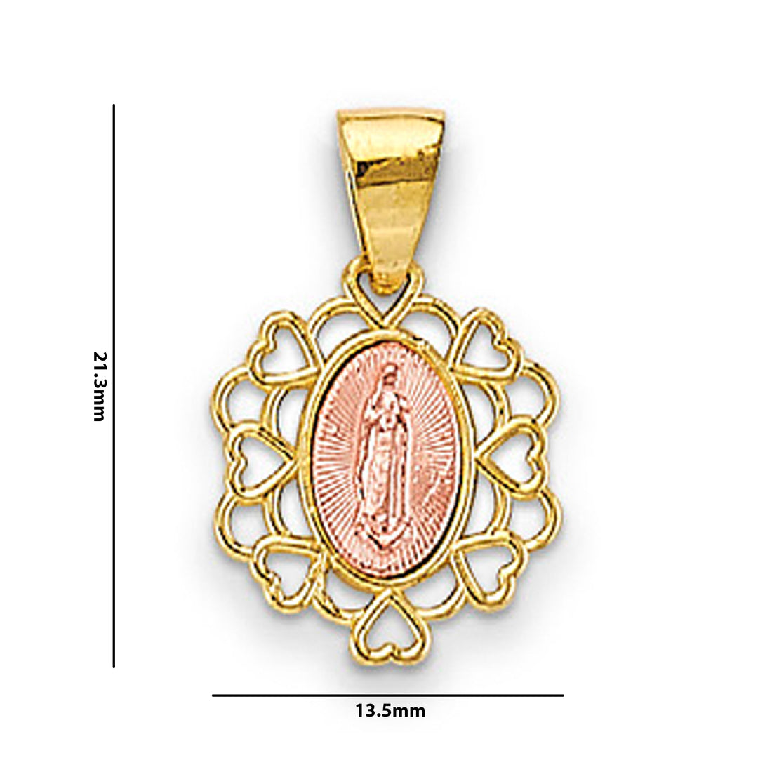 Two Tone Gold Heart Halo Lady of Guadalupe Pendant with Measurement