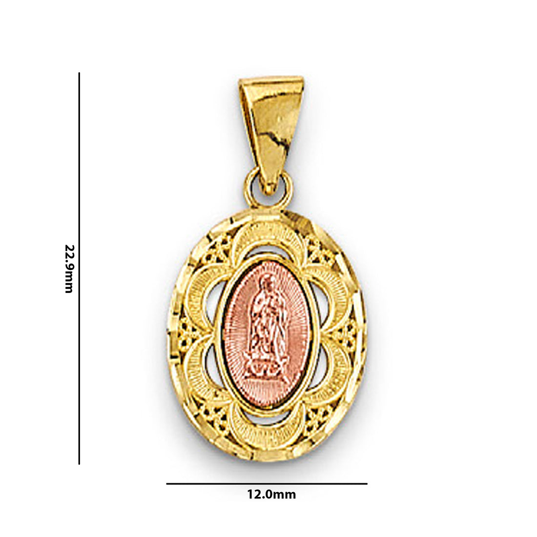 Two Tone Gold Lady of Guadalupe Pendant with Measurement