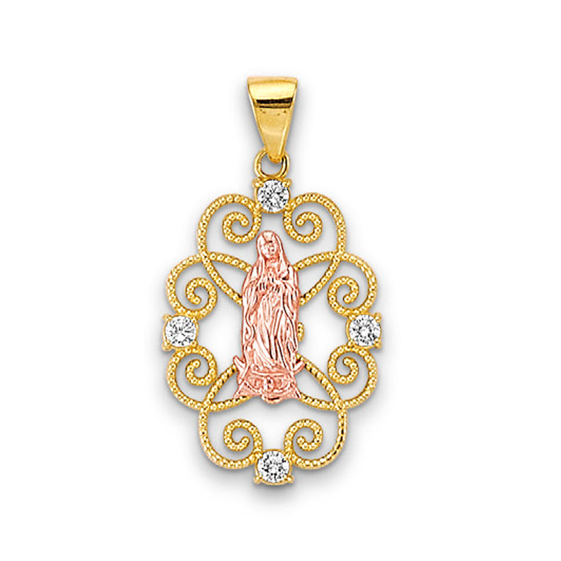 Two Tone Gold Shimmering Lady of Guadalupe Studded Pendant