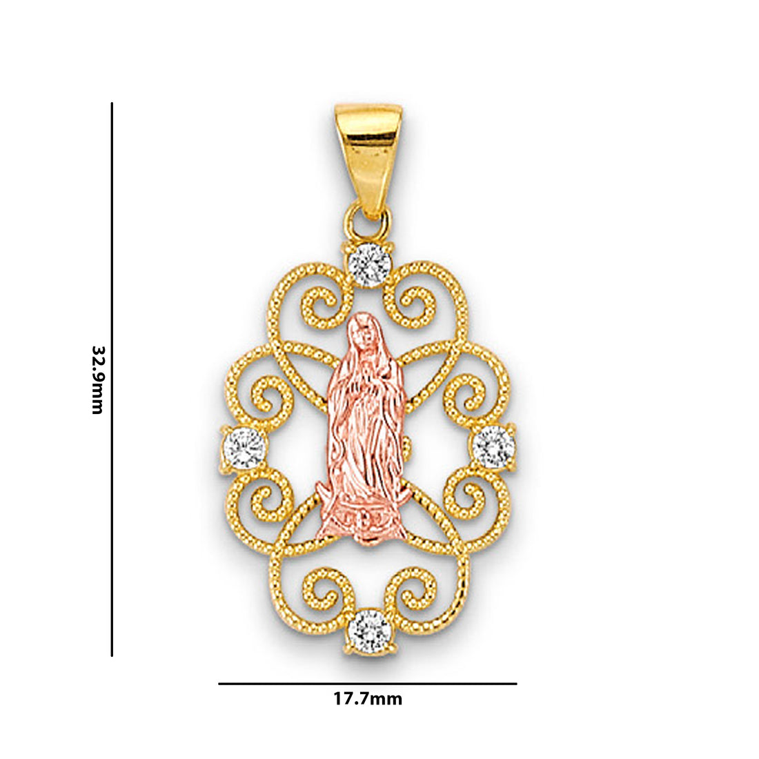 Two Tone Gold Shimmering Lady of Guadalupe Studded Pendant with Measurement