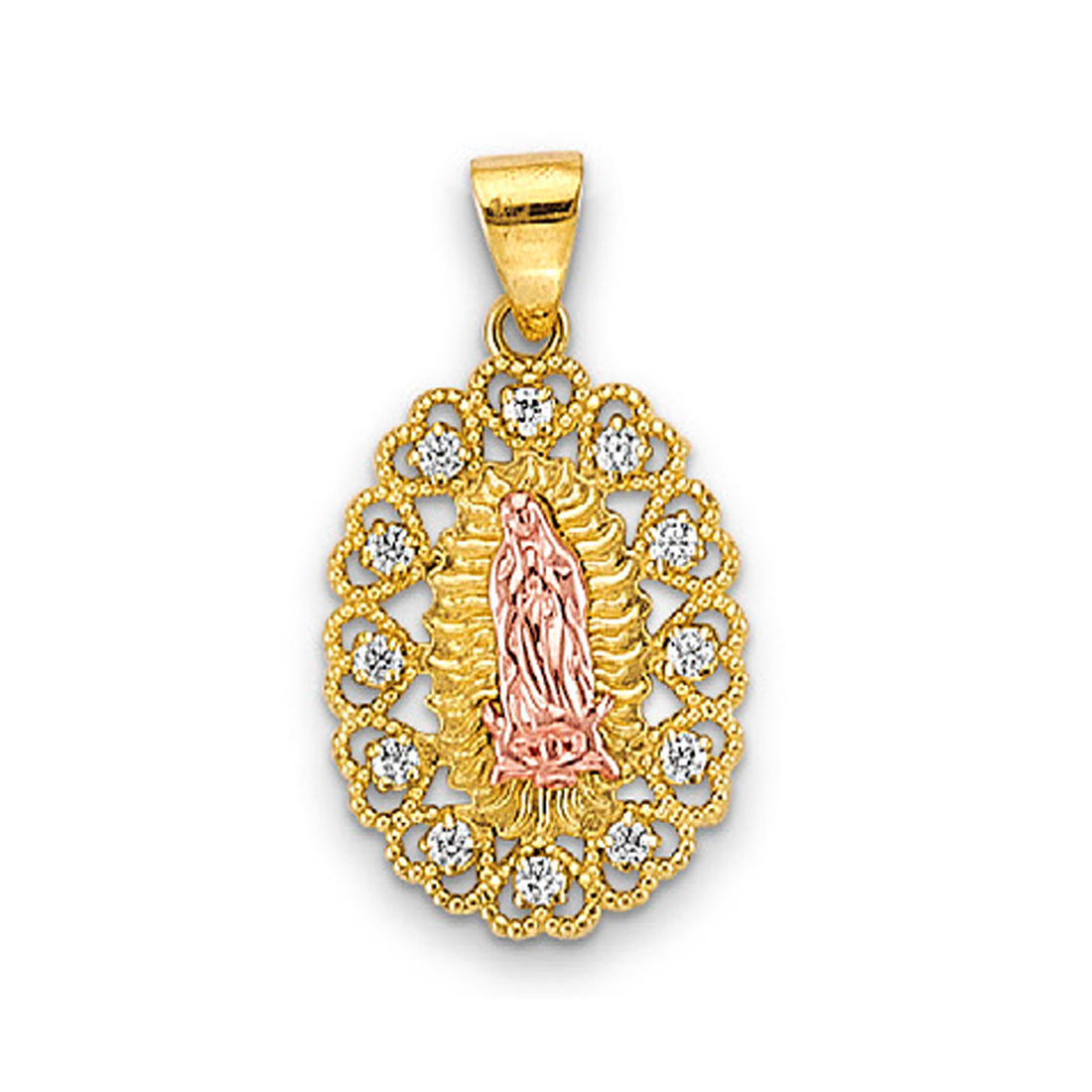 Two Tone Gold Hearts and Round CZ Halo Lady of Guadalupe Pendant