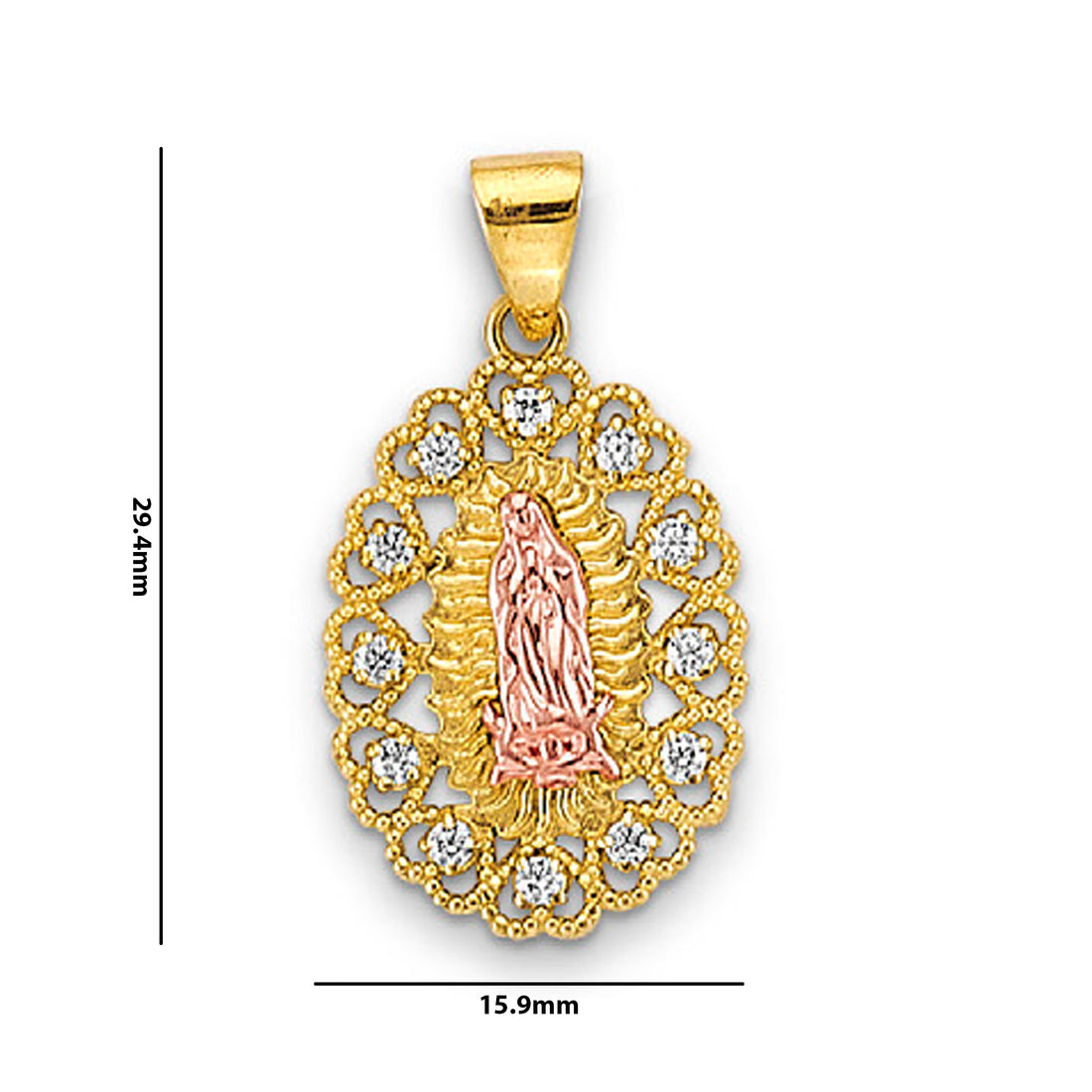 Two Tone Gold Hearts and Round CZ Halo Lady of Guadalupe Pendant with Measurement