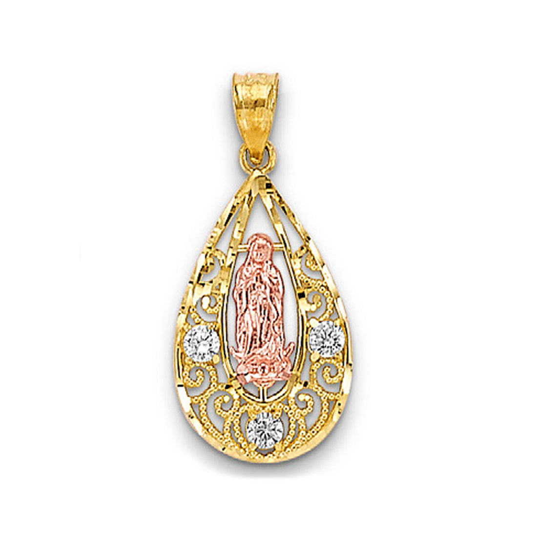 Two Tone Gold Round CZ Teardrop Shaped Lady of Guadalupe Pendant