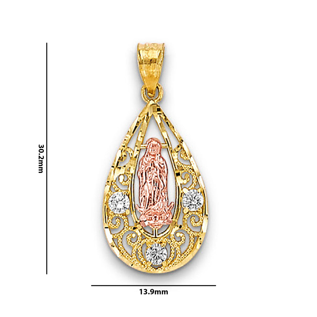 Two Tone Gold Round CZ Teardrop Shaped Lady of Guadalupe Pendant with Measurement