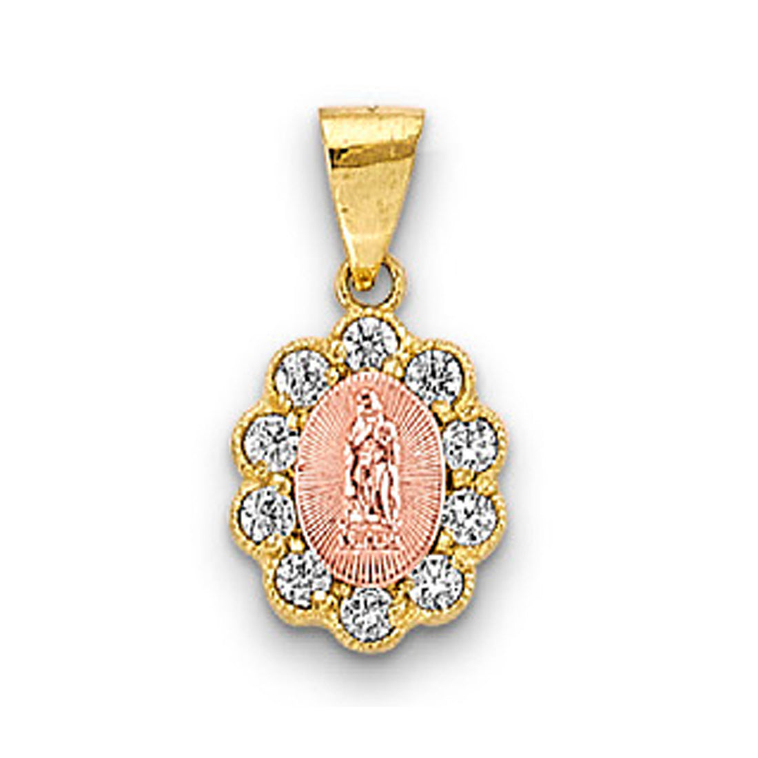 Two Tone Gold Scalloped Halo Round CZ Studded Lady of Guadalupe Pendant 