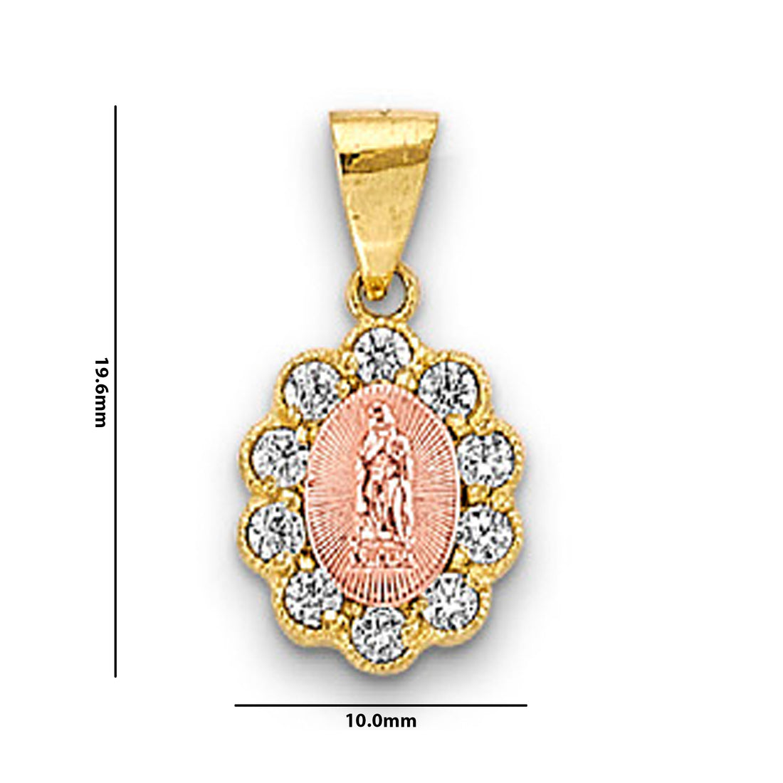 Two Tone Gold Scalloped Halo Round CZ Studded Lady of Guadalupe Pendant  with Measurement