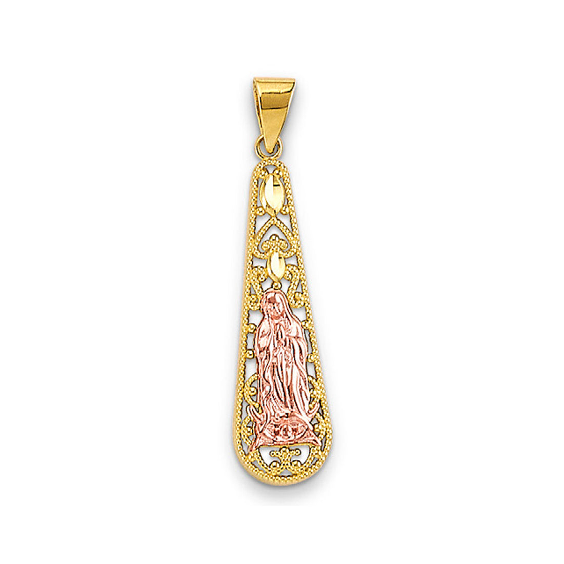 Two Tone Gold Elongated Teardrop Shaped Lady of Guadalupe Pendant