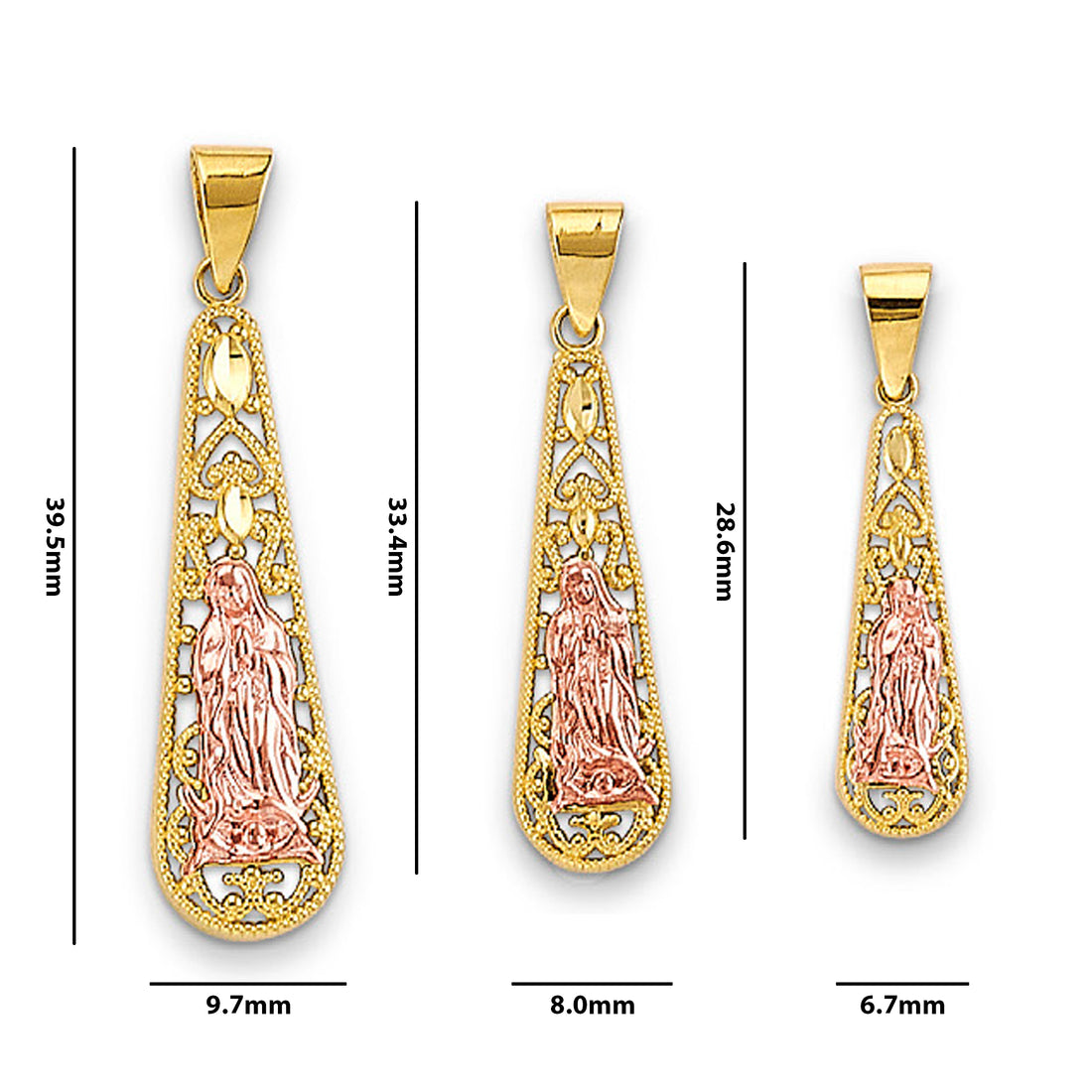 Two Tone Gold Elongated Teardrop Shaped Lady of Guadalupe Pendant with Measurement