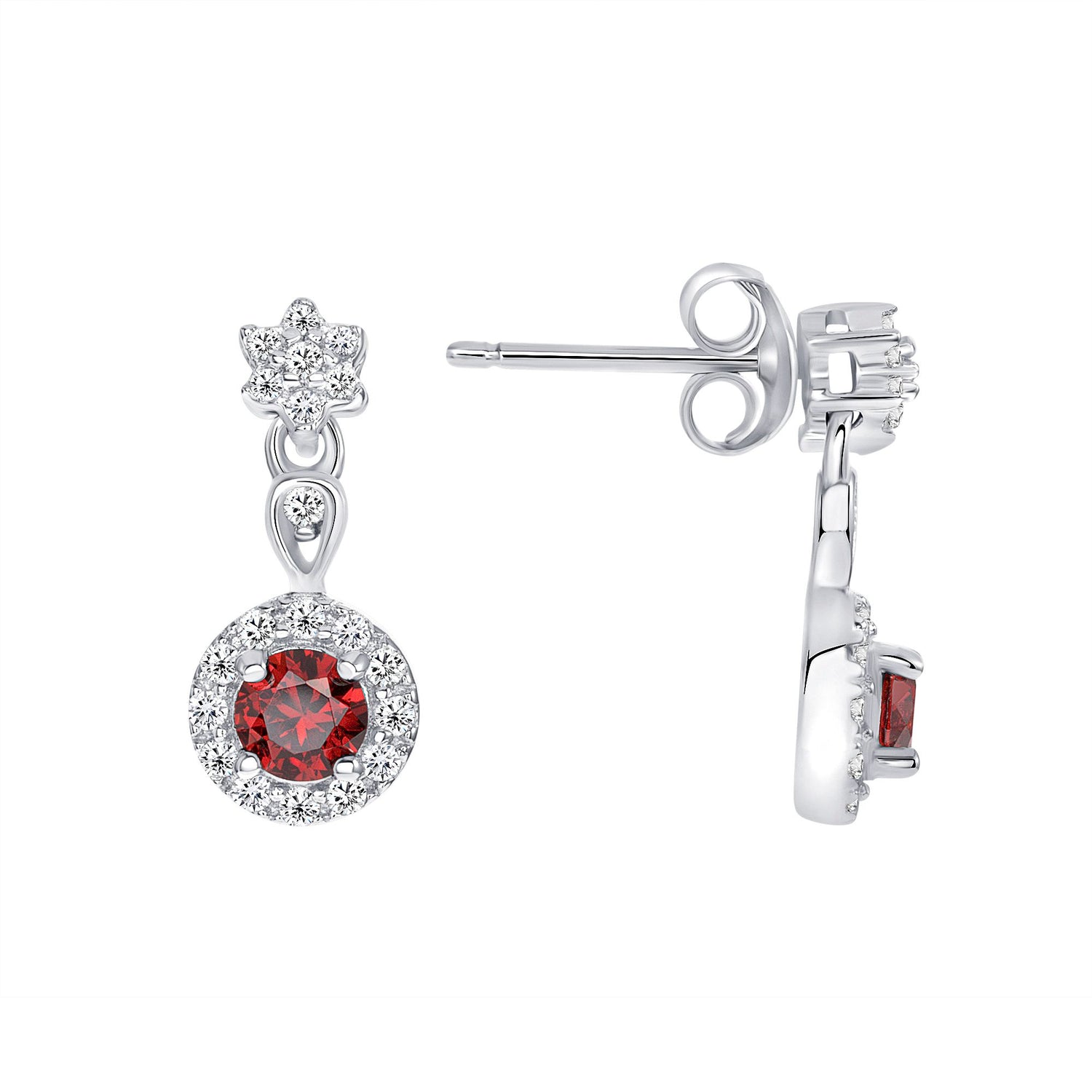 925 Sterling Silver Round Cut Red CZ with Halo &amp; Flower Leaves Pendant &amp; Dangle Earrings Jewelry Set