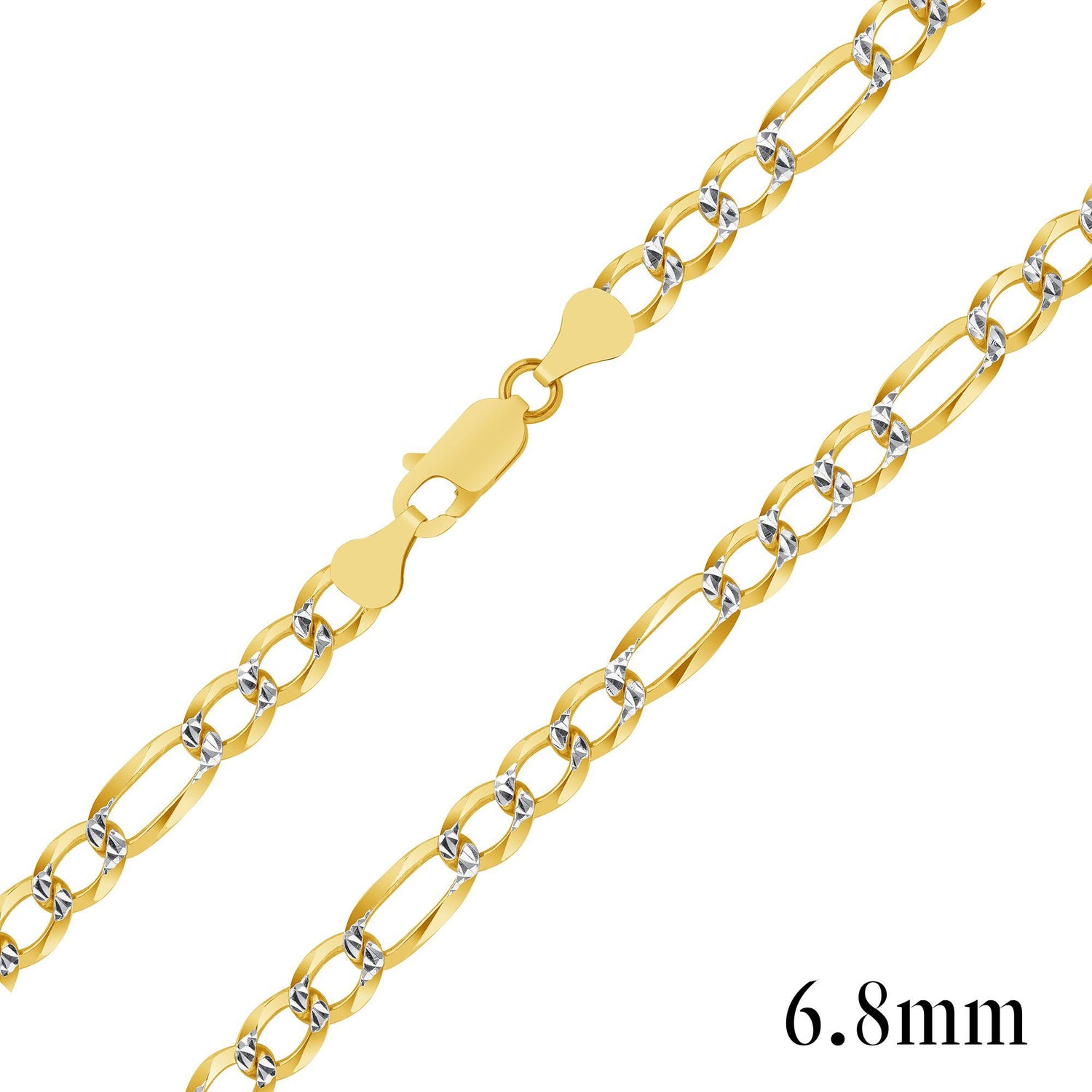 925 Sterling Silver Gold Plated Two-Tone Pavé 6.8mm Figaro Chain