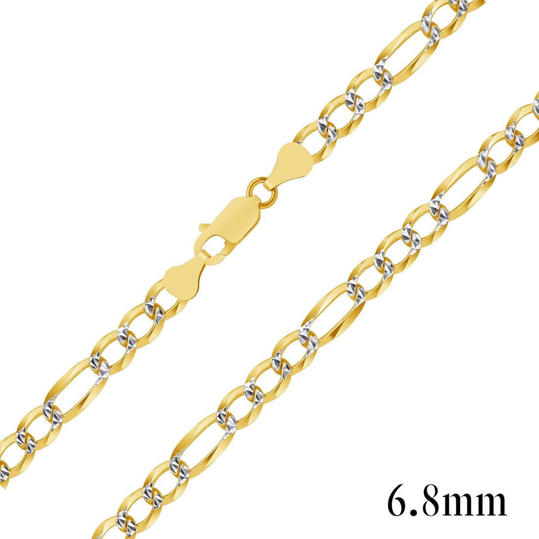 925 Sterling Silver Gold Plated Two-Tone Pavé 6.8mm Figaro Chain