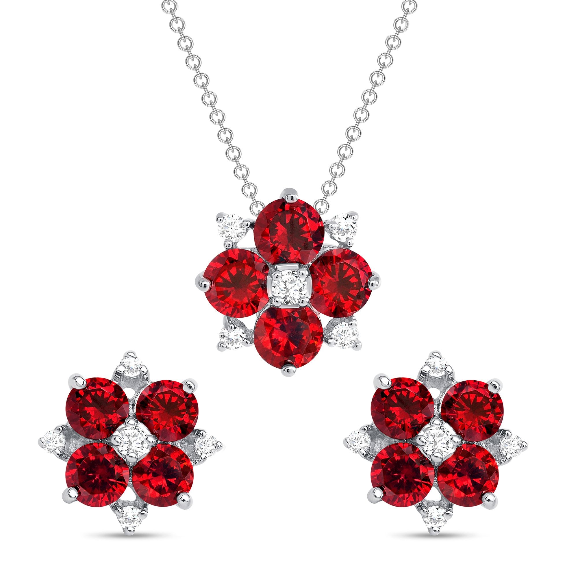 925 Sterling Silver Round Cut Red &amp; White CZ Flower Pendant &amp; Stud Earrings Jewelry Set