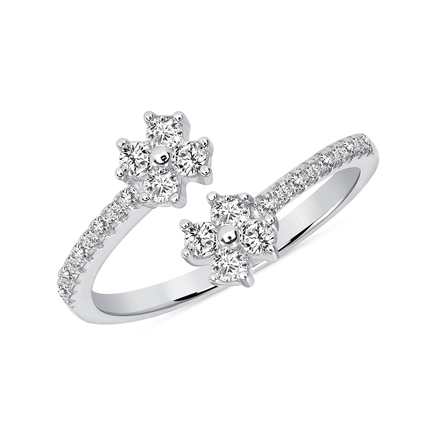 925 Sterling Silver Double Flower CZ Open Fashion Ring