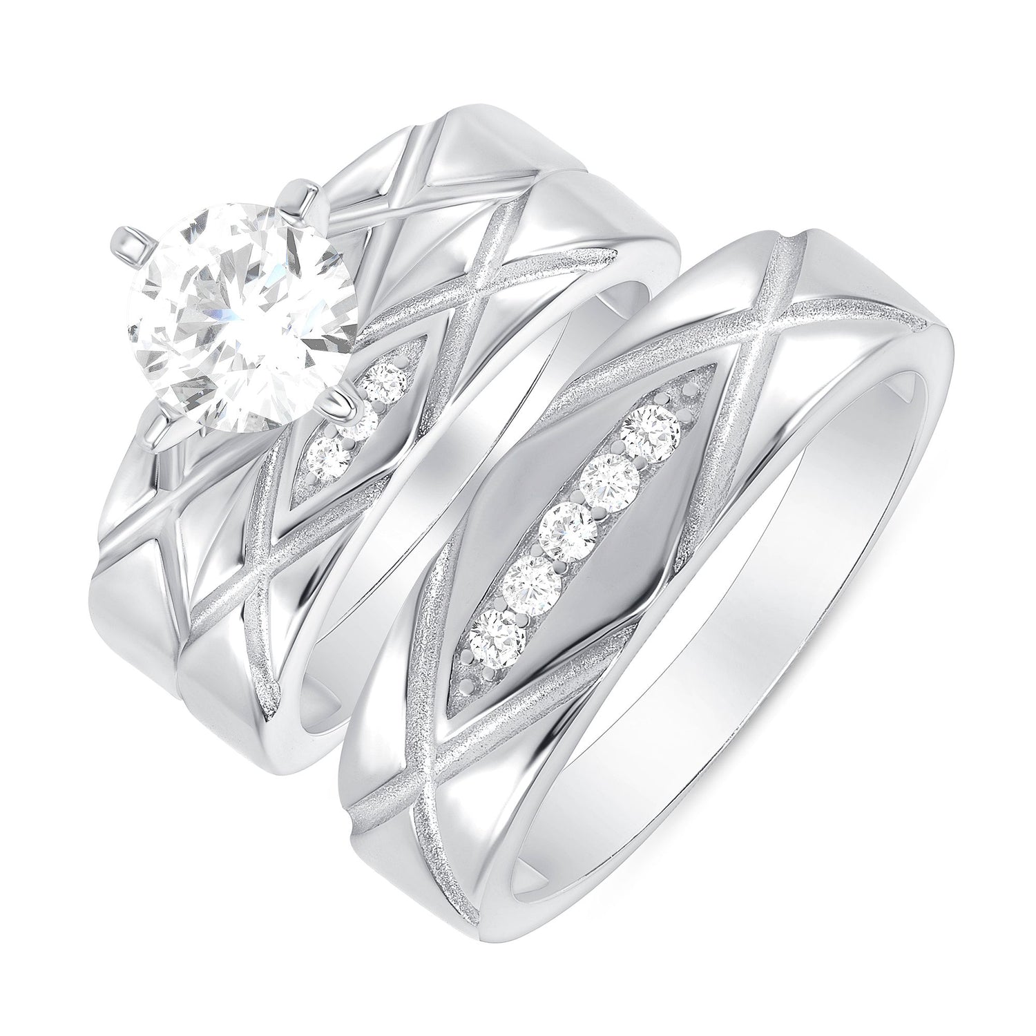 925 Sterling Silver Round CZ with Geometric Texture &amp; Channel Bead Set Accents His &amp; Hers Trio Wedding Set