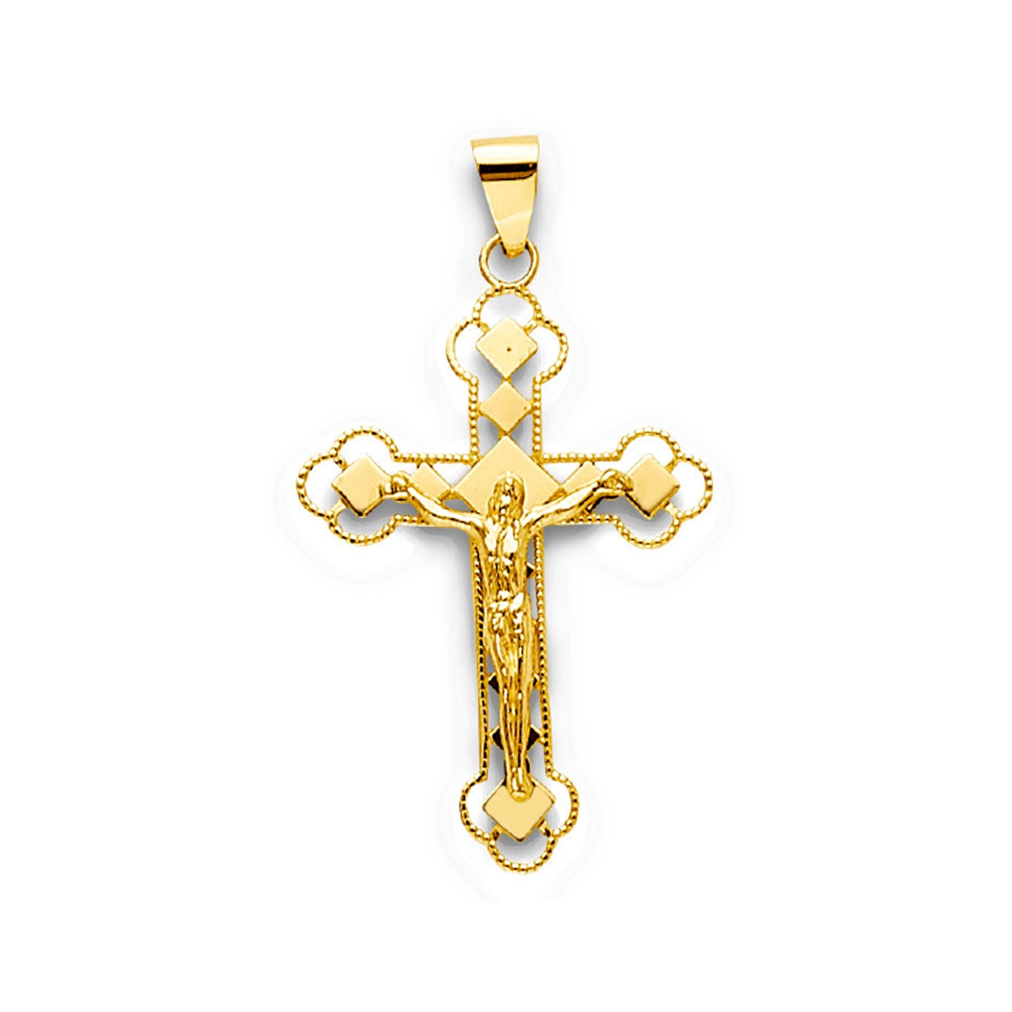 Yellow Gold Diamond Shaped Cutouts Milgrain Bordered Trefoil Crucifix Cross Pendant