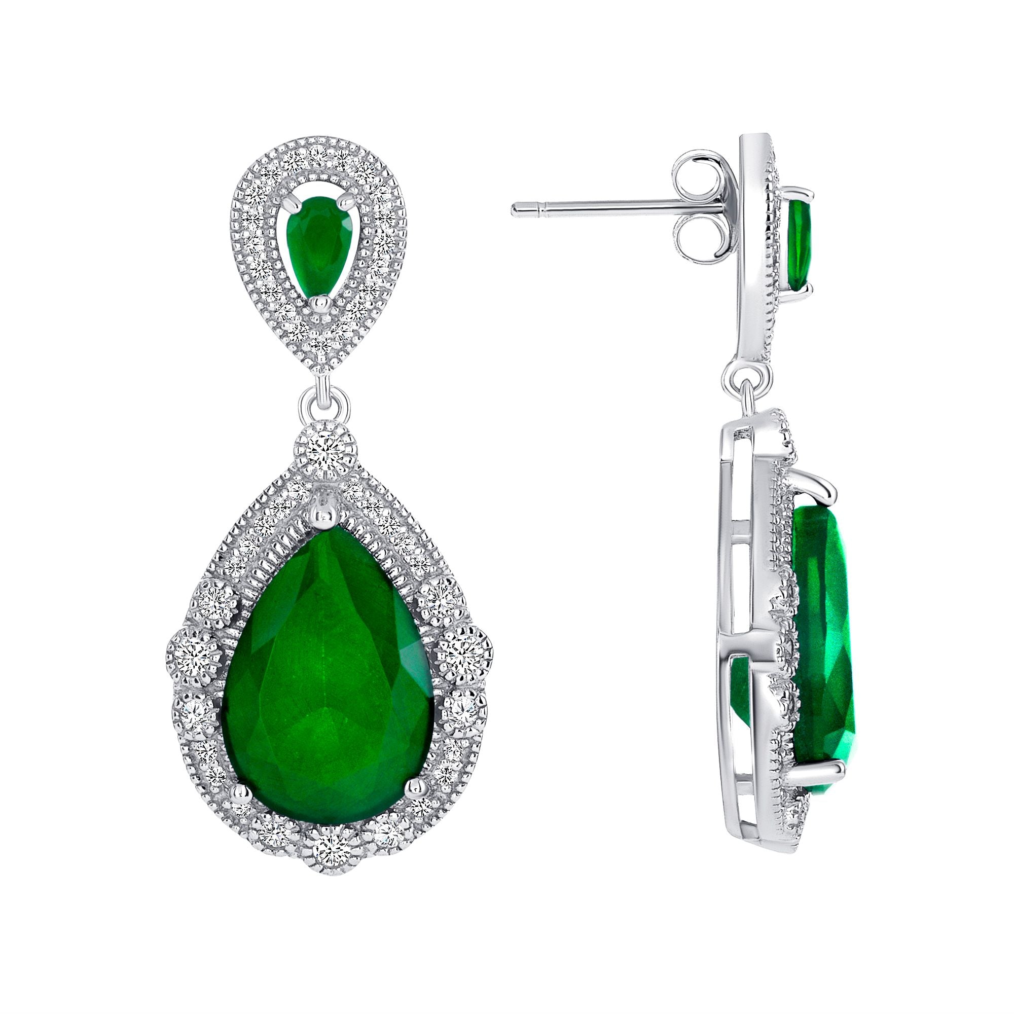 925 Sterling Silver Pear Cut Green CZ with Round Cut White CZ &amp; Milgrain Vintage Halo Teardrop Pendant &amp; Earrings Jewelry Set
