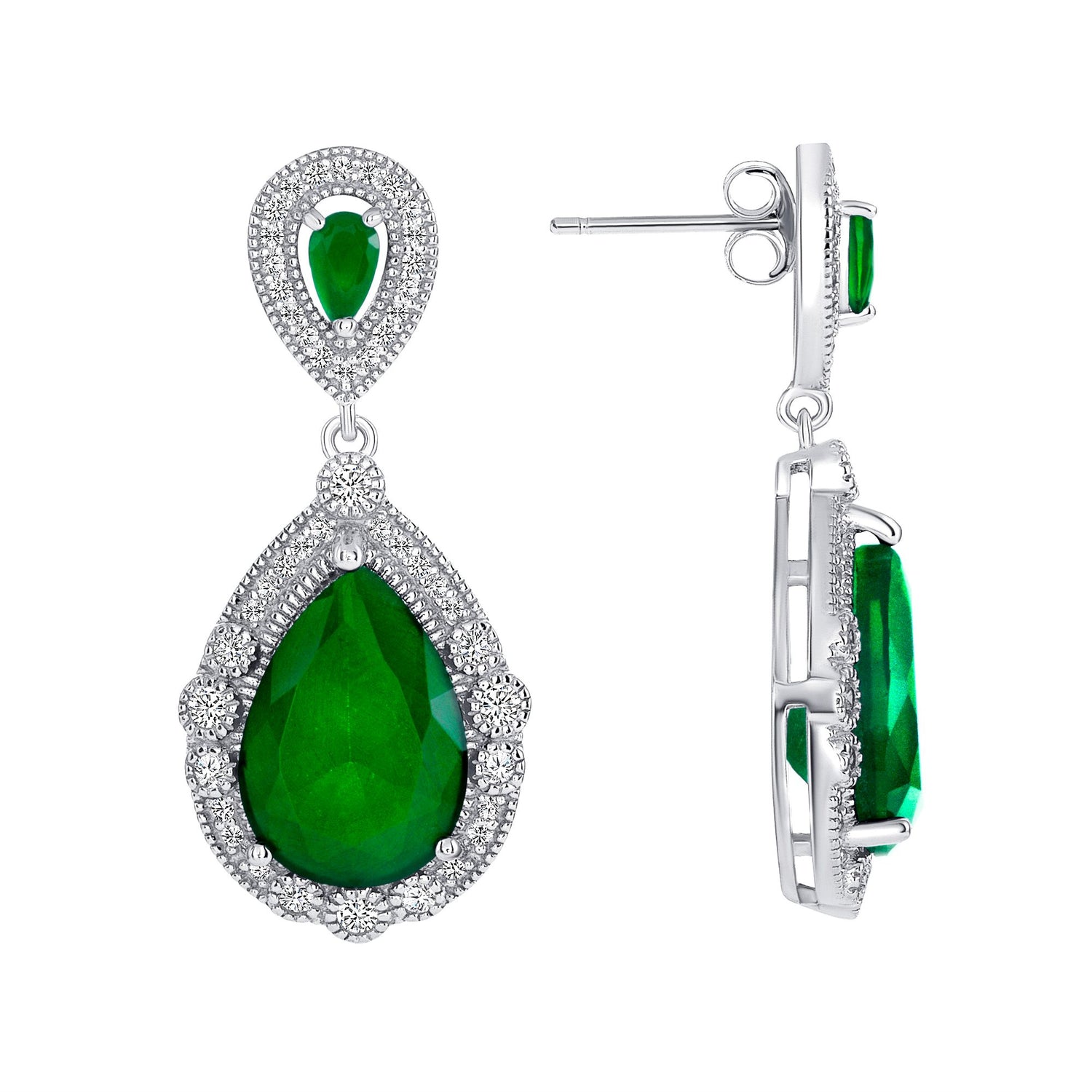 925 Sterling Silver Pear Cut Green CZ with Round Cut White CZ &amp; Milgrain Vintage Halo Teardrop Pendant &amp; Earrings Jewelry Set