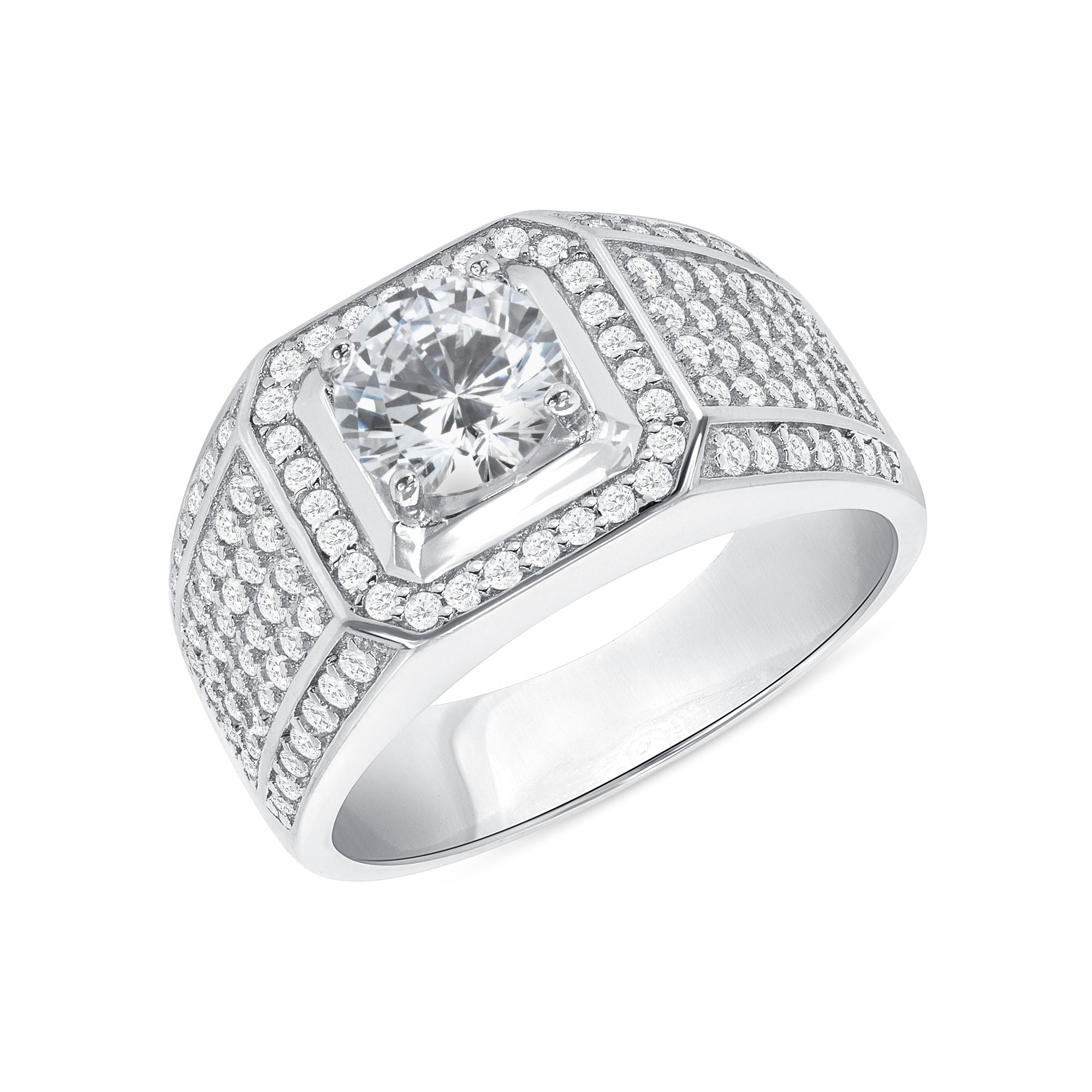 925 Sterling Silver Round Cut CZ with Rounded Square Halo &amp; Pavé Band Men&