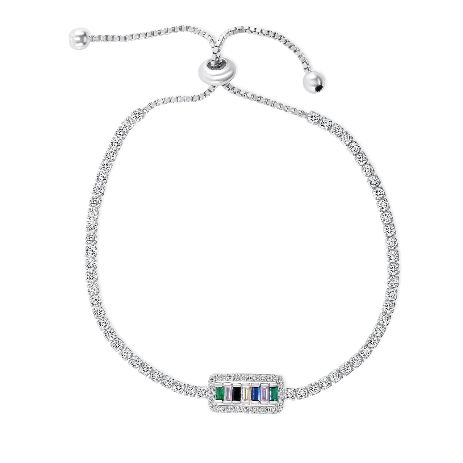 925 Sterling Silver Baguette CZ Bar with Halo &amp; Round CZ Tennis Bolo Bracelet