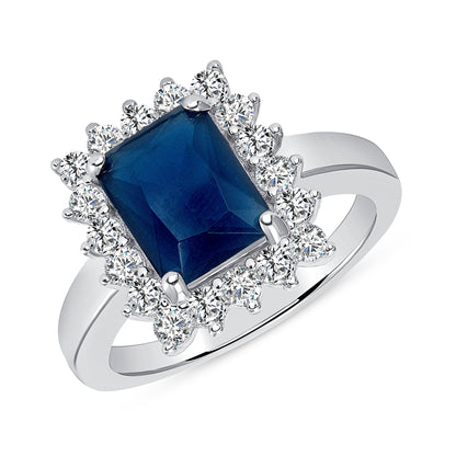 925 Sterling Silver Rectangular Cut Sapphire &amp; CZ Halo Engagement Ring