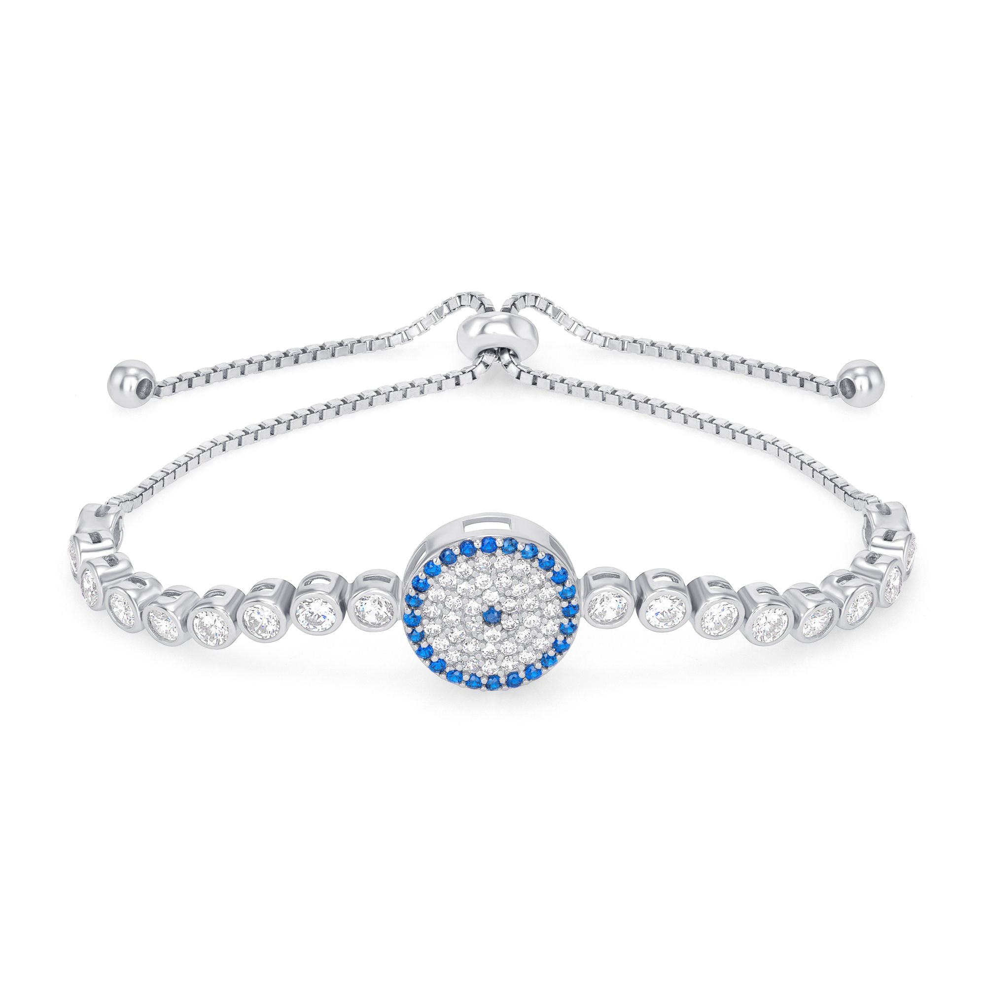 925 Sterling Silver Pavé Blue &amp; White CZ Evil Eye with Bezel Set Round CZ Bolo Bracelet